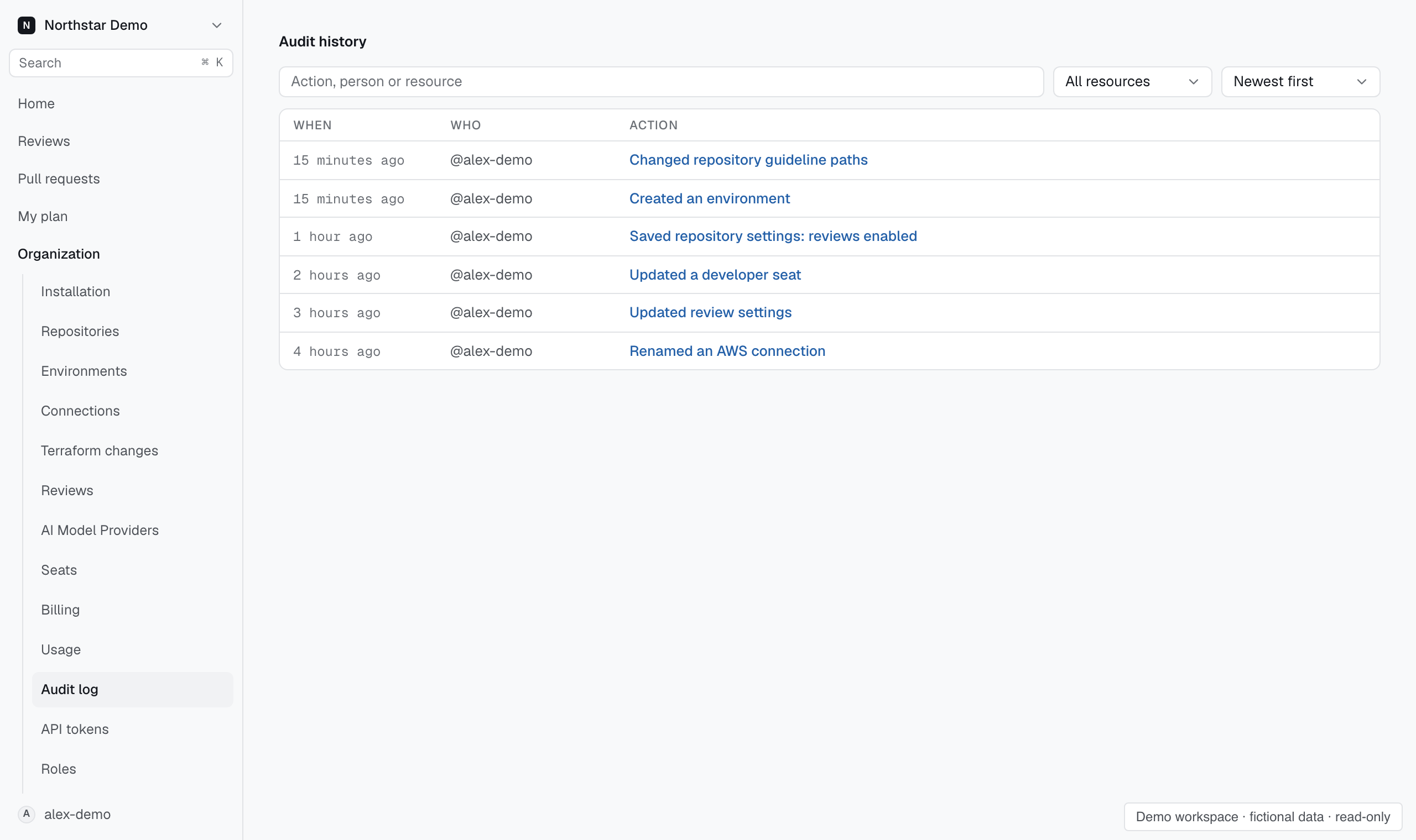 Audit history with actor, action, time, and resource filters.