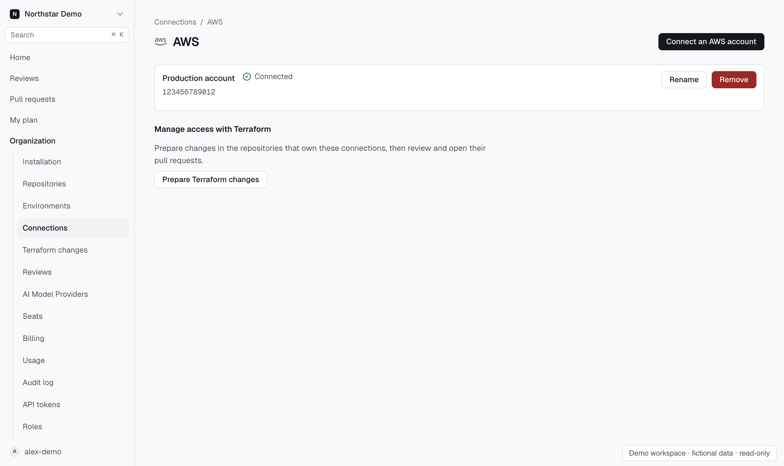 Connected production AWS account and Remove action.
