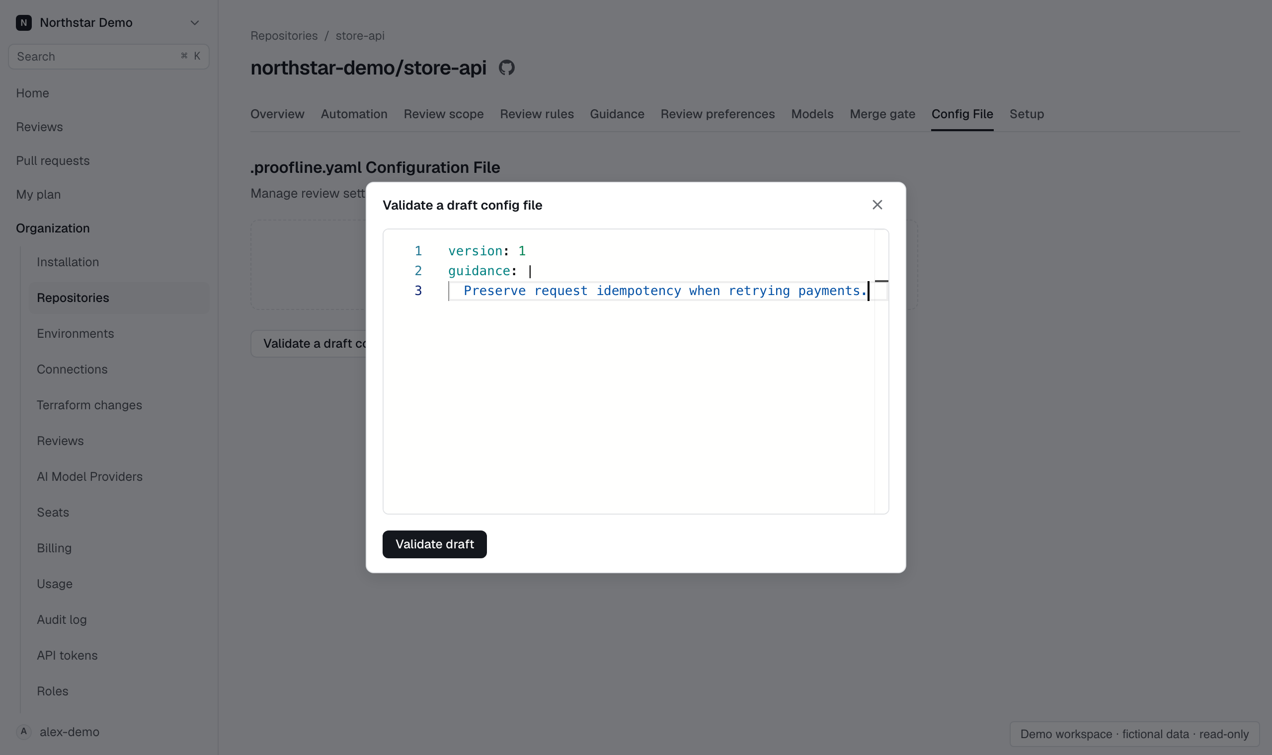 Draft YAML in the repository configuration validation modal.