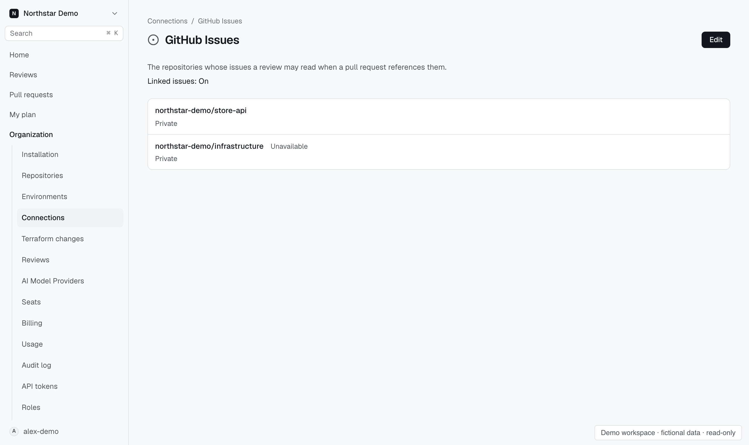 GitHub Issues settings with allowed repositories in the fictional Northstar Demo workspace.