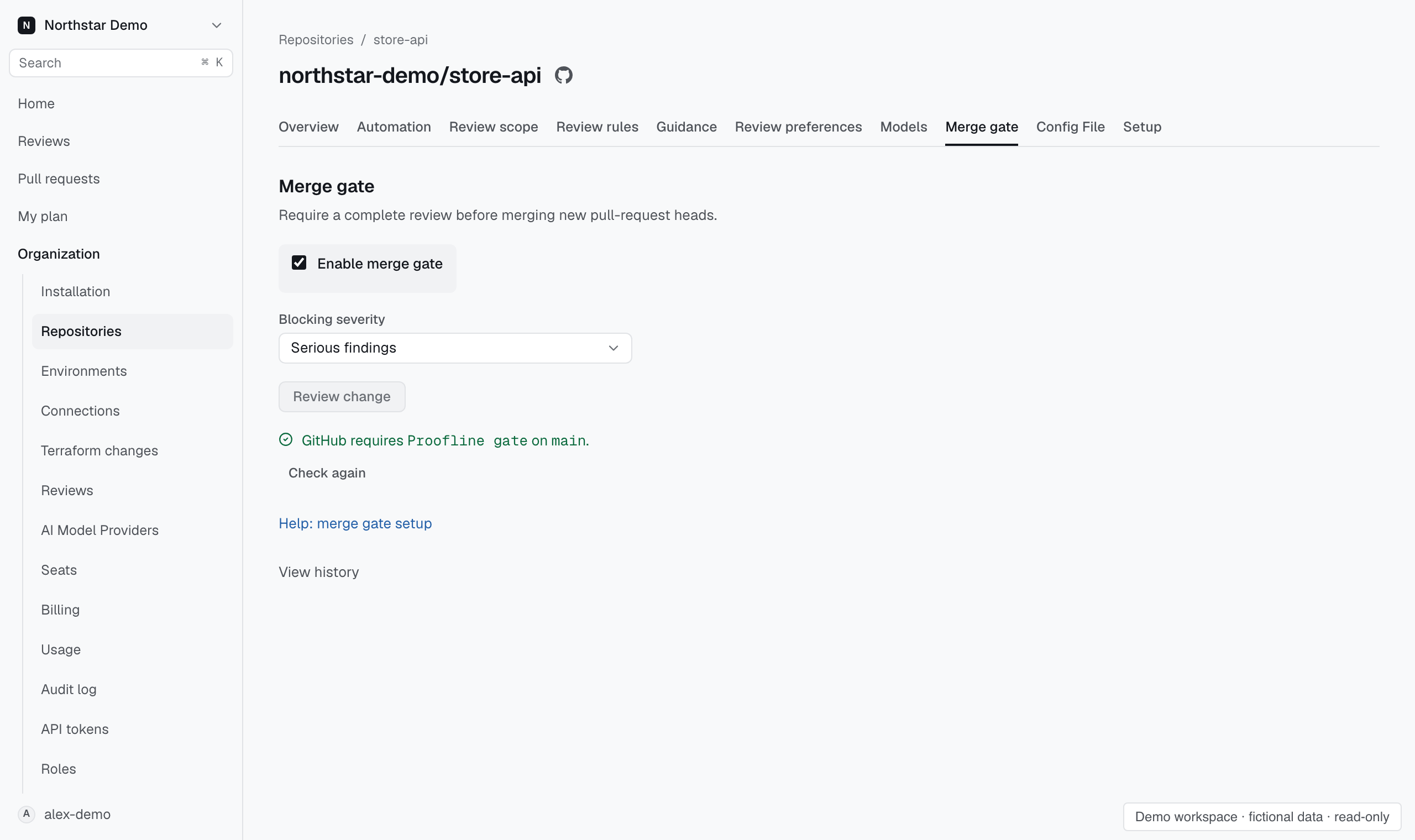 Repository merge gate enabled with serious findings as the blocking severity.