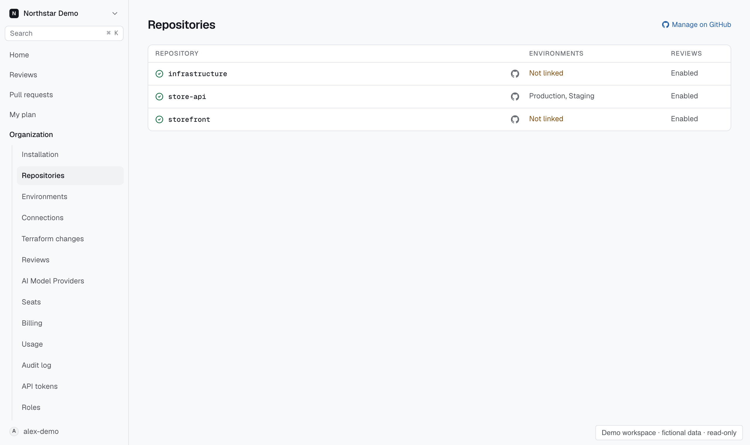 Three repositories in the Northstar Demo organization.