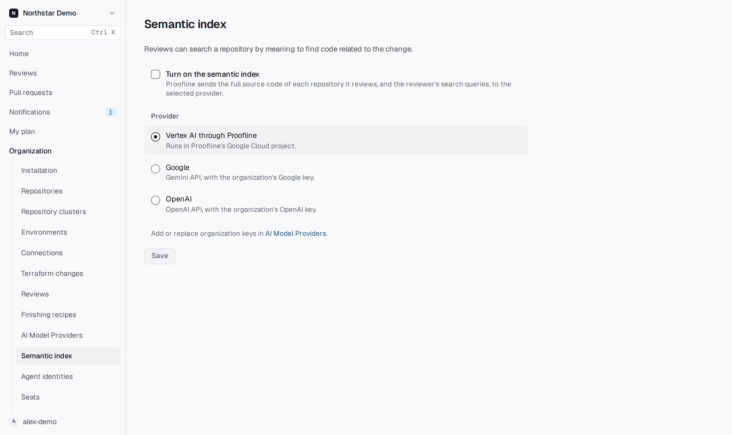 The semantic index consent checkbox and provider choices, switched off.