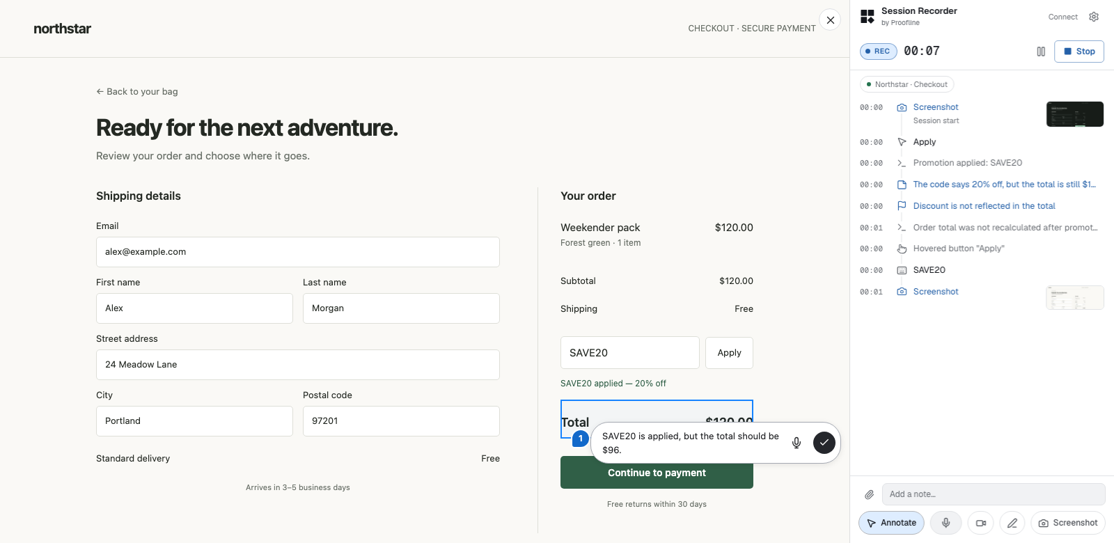 A live annotation selects the checkout total: SAVE20 is applied, but the total should be $96. The recording timeline stays visible alongside the page.