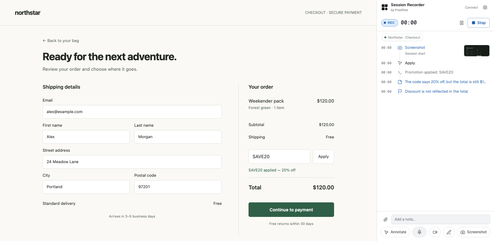 Session Recorder capturing a fictional checkout, with clicks, notes and console events in the side-panel timeline.