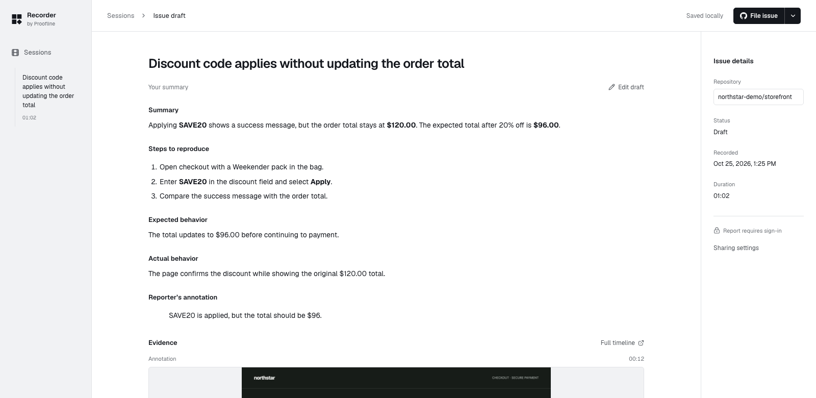 An editable issue draft explains the discount-total bug with reproduction steps, expected and actual results, the reporter’s annotation and a File issue button.